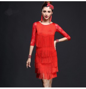 Royal blue fuchsia hot pink red black  fringes lace sleeves women's ladies female competition performance professional latin salsa cha dance dresses sets